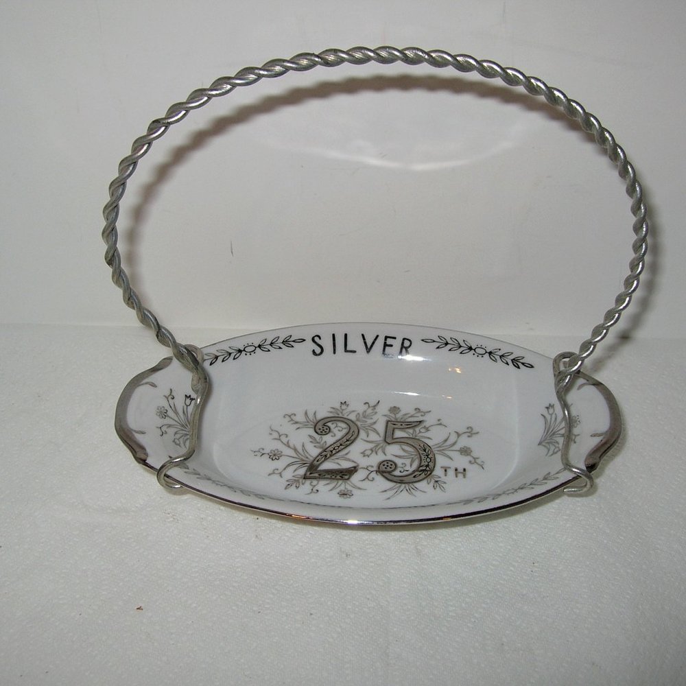 Vintage Norcrest Fine China 25th Anniversary Dish W. Metal Carrying Handle B-365